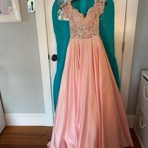 Beautiful gem pink mesh and satin prom dress. NEVER WORN!